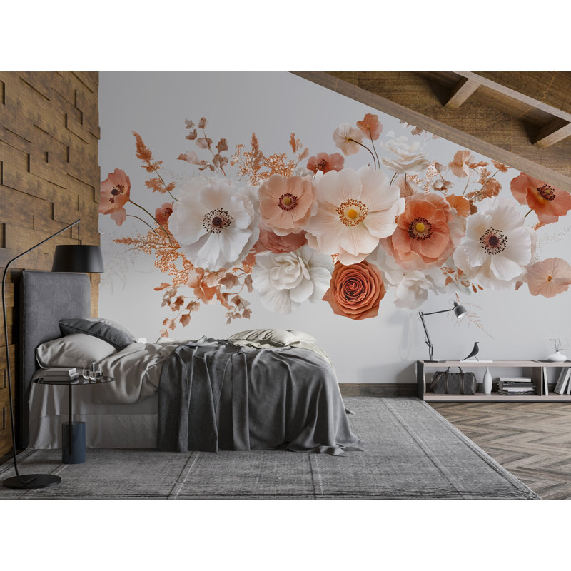 Adhésif mural terracotta floral pour chambre à coucher - Grand papier peint fleur au-dessus du lit, décalque mural amovible bohème neutre 063Mv