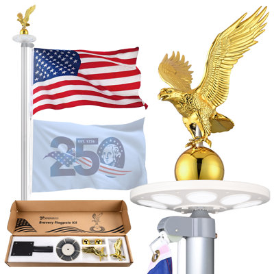 Yescom Bravery MEGA 20ft Silver Aluminum Flagpole Kit with Dock Side Mount, Gold Eagle & Solar Light, 3'x5' Flag, Residential & Waterfront Outdoor Decor