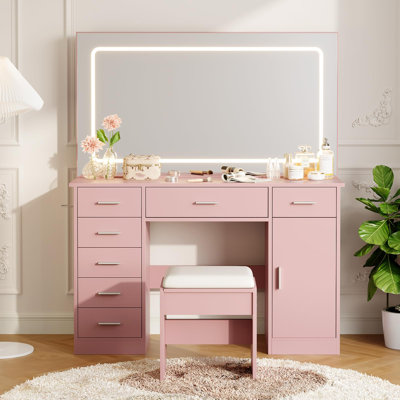Coiffeuse moderne à DEL avec 7 tiroirs, miroir lumineux à 3 modes, station de chargement USB et support pour sèche-cheveux – Tabouret inclus, rose