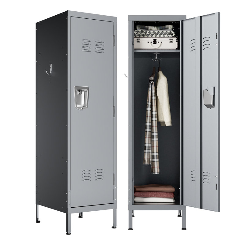 Armoire métallique de 140 cm de haut, casier de rangement en acier gris avec porte ventilée, serrure et crochets latéraux pour chambre ou bureau à domicile