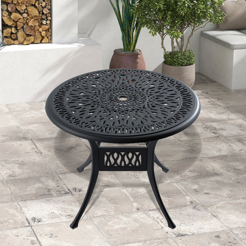 35.43-Inch Cast Aluminum Patio Dining Table With Black Frame And Umbrella Hole