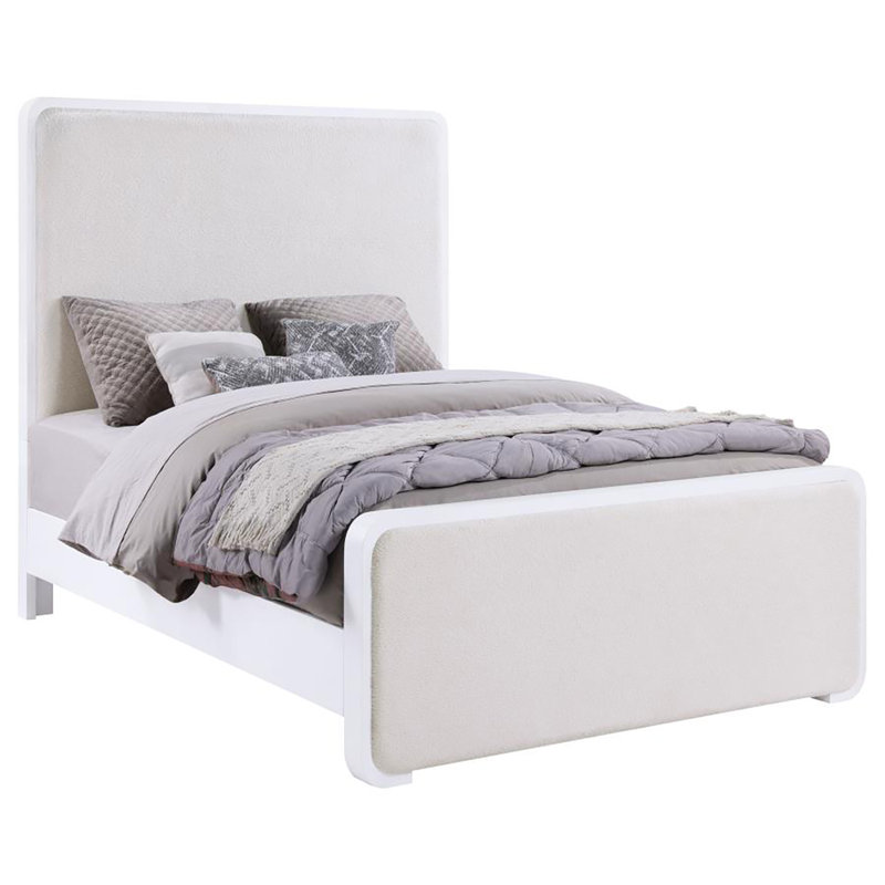 Asiy Bed, Padded Upholstered Panel Tall Headboard, White, King