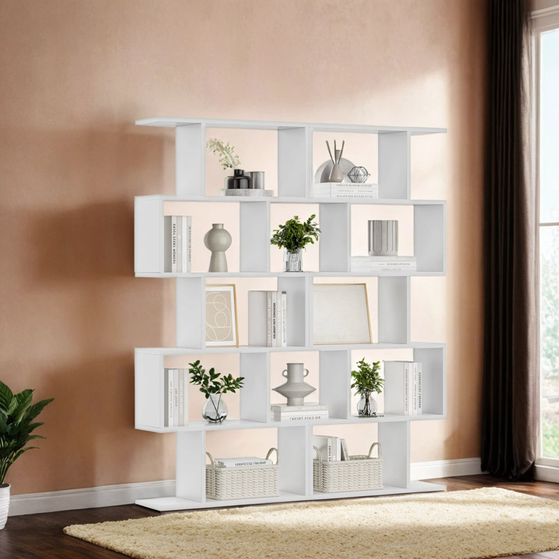 White 5-Tier S-Shaped Geometric Bookcase with Manufactured Wood
