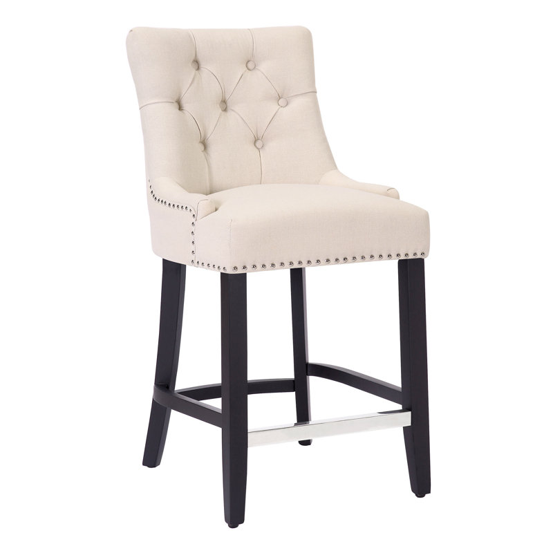 Linen Fabric Tufted Upholstered Counter Stool, Counter Stool (24” Seat Height), Beige Linen/Black Frame