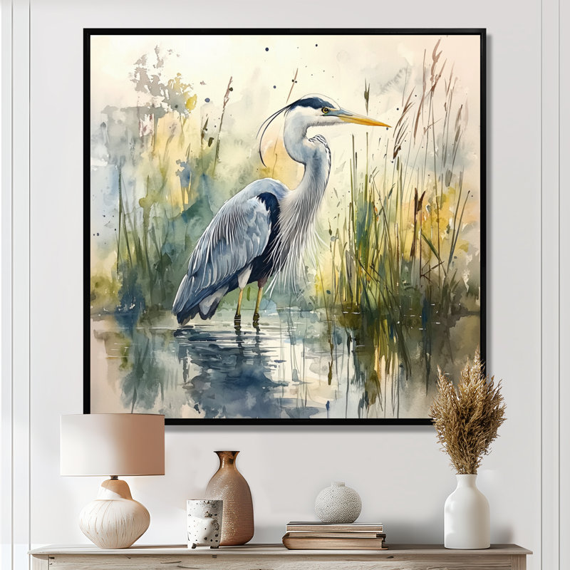«Ayannah Heron By The Farm Lake», art mural héron, Impression encadrée flottante, Noir, noir, noir, noir, H 16 po x l 16 po