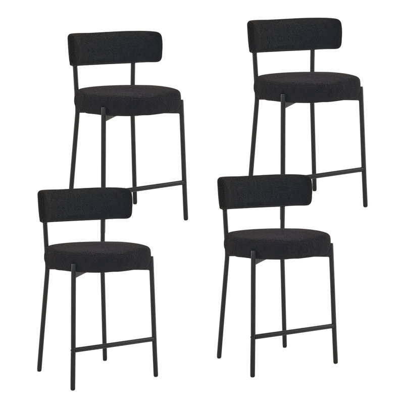 (Set of 4) 25" Upholstered Sherpa Modern Boucle Counter Height Bar Stools With Curved Back And Black Metal Frame, Black