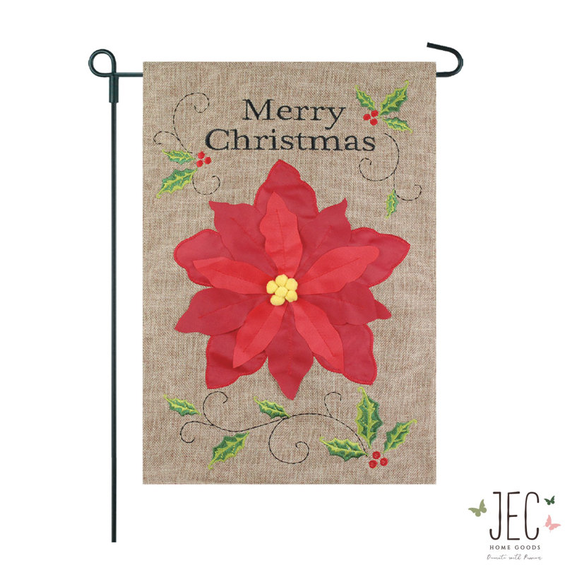 Poinsettia 2 côtés en toile jute 18 x 13 po christmas drapeau de jardin, Rouge / Brun