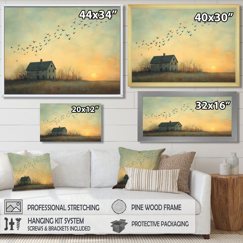 Farmhouse Swallows Brid In The Morning Light I - oiseau, art mural, H 12 po x l 20 po, Cadre simple, Doré