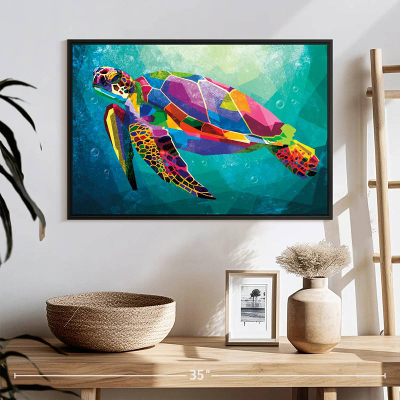 Tortue arc-en-ciel géométrique, 25 po x 17 po, Cadre flottant noir