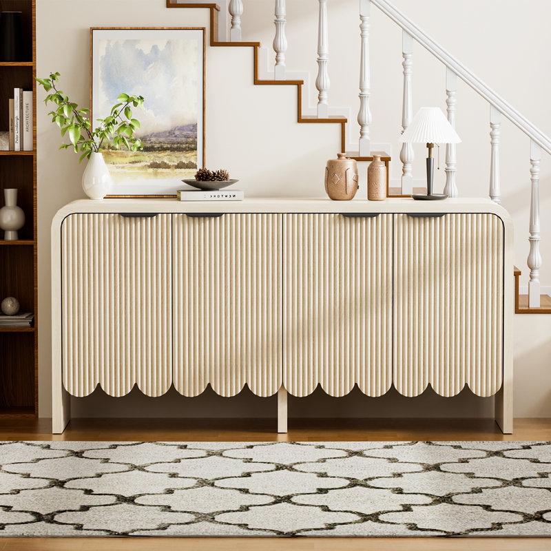 Modern Sideboard Buffet Cabinet, Accent Cabinet With 4 Doors And Adjustable Shelf, Fluted Console Cabient With Metal Handle, Wooden Storage Cabinet For Kitchen, Hallway, Entrway