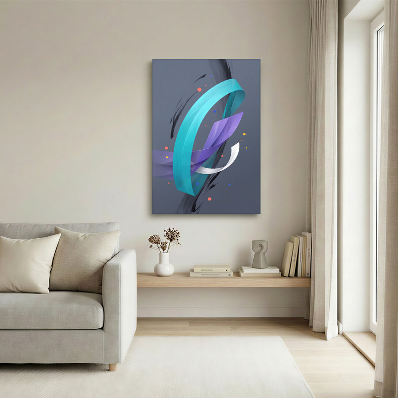 Tableau abstrait de rubans turquoise, violet et blanc sur toile, H 30 po x l 20 po