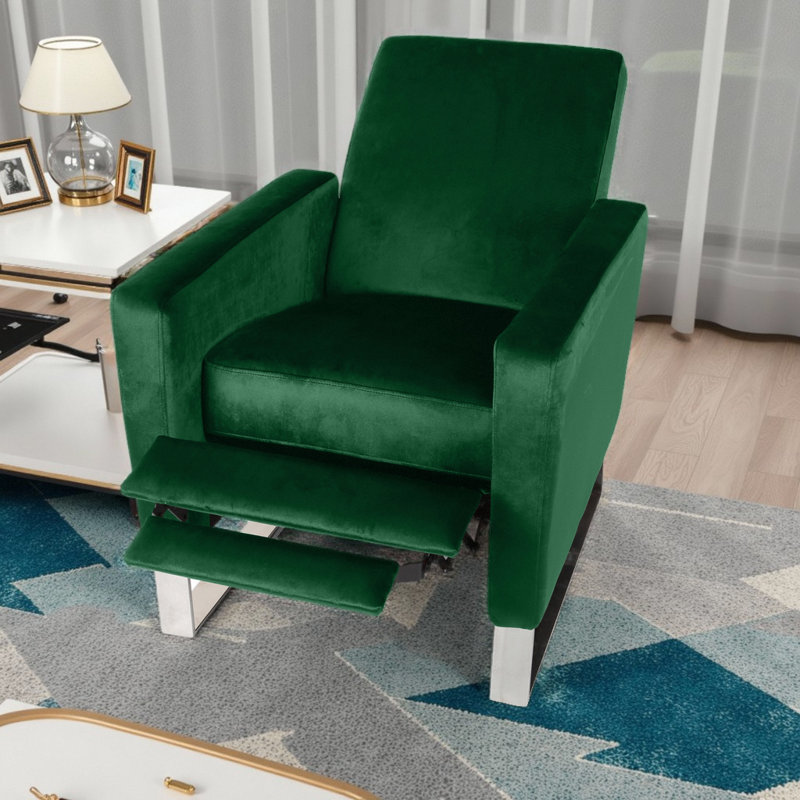 Emerald Velvet Push-Back Recliner with High Metal Legs - Modern Glam Design, Green
