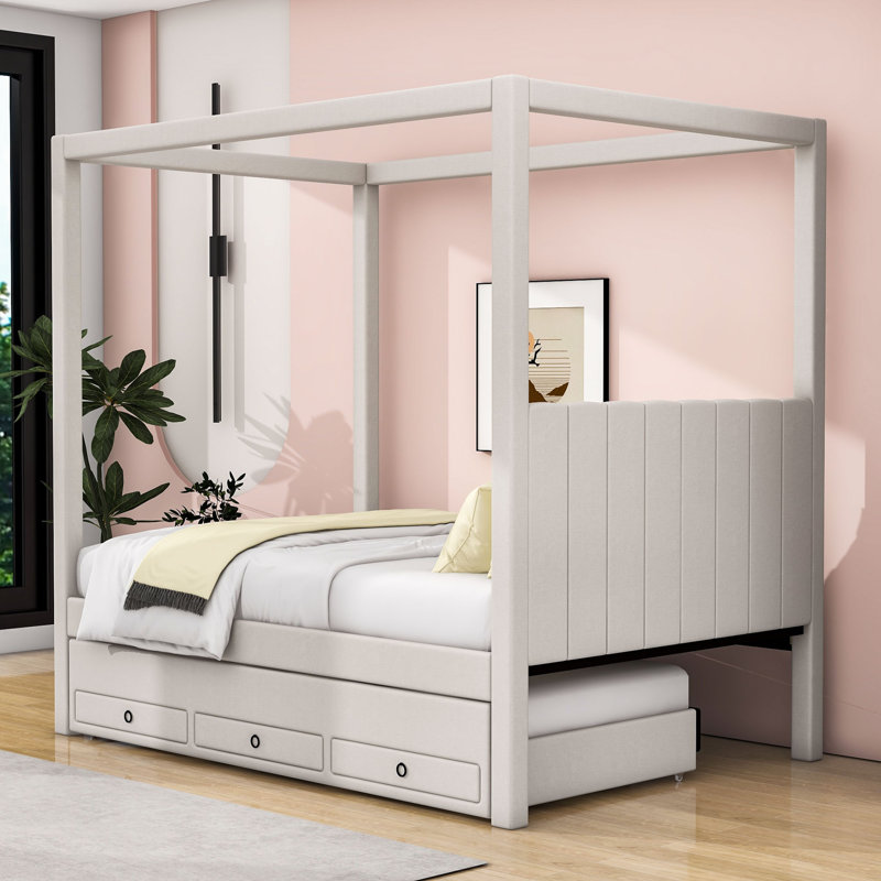 Lit à baldaquin 3 tiroirs en bois avec lit gigogne, Beige, Double