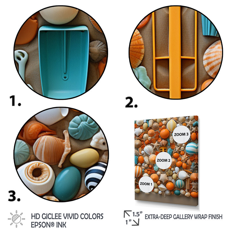 Jouets de plage, collage III - impressions abstraites d'art mural, H 40 po x l 30 po x P 1,5 po, Cadre flottant noir