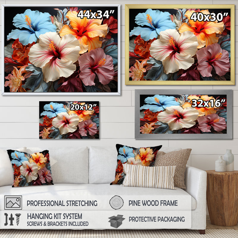 Hibiscus en fleurs - reproduction sur toile, Toile tendue, H 16 po x l 32 po x P 1 po