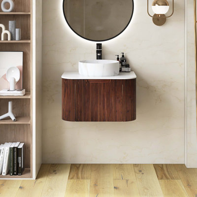 Wall-Mounted Pre-Assembled Curved Edges Striped Bathroom Vanity With Sink, Drawer, White Ceramic Basin Without Faucet
