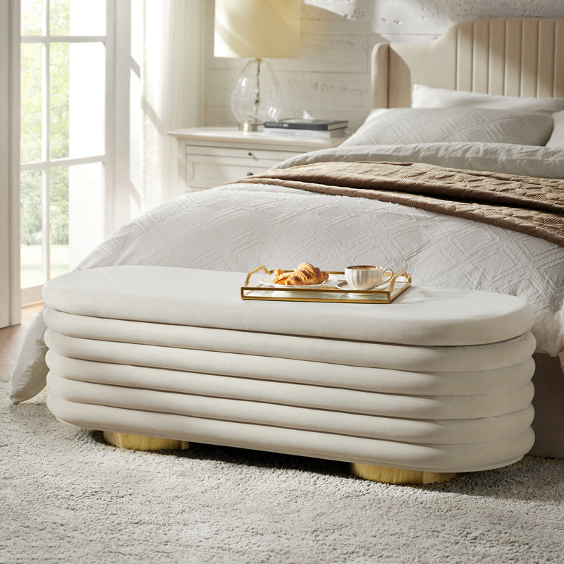 Nettie 54" Modern Velvet Boucle Upholstered Tufted Storage Bench with Gold-finished Metal Legs, Tan
