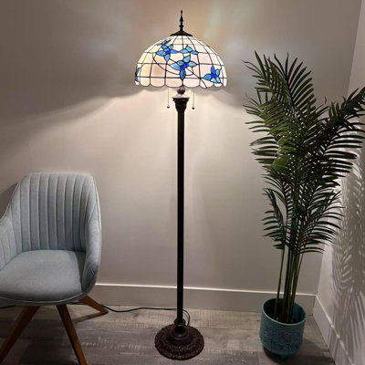 Tiffany Floor Lamp White Stained Glass Blue Flowers Metal Base