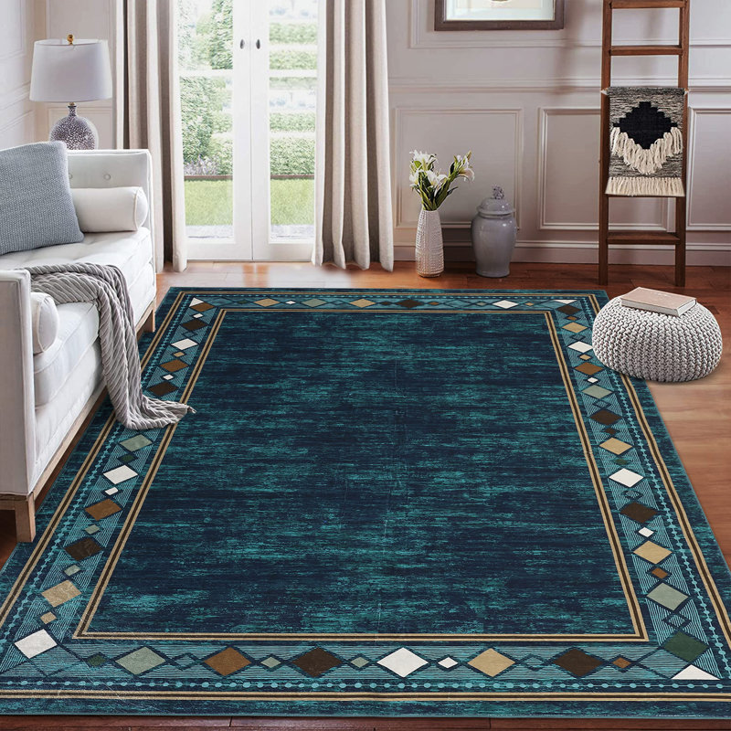 Washable Area Rug Modern Rug Non Slip Rug Geometric Bordered Rug for Living Room Bedroom Study Room Playroom Nursery, Teal
