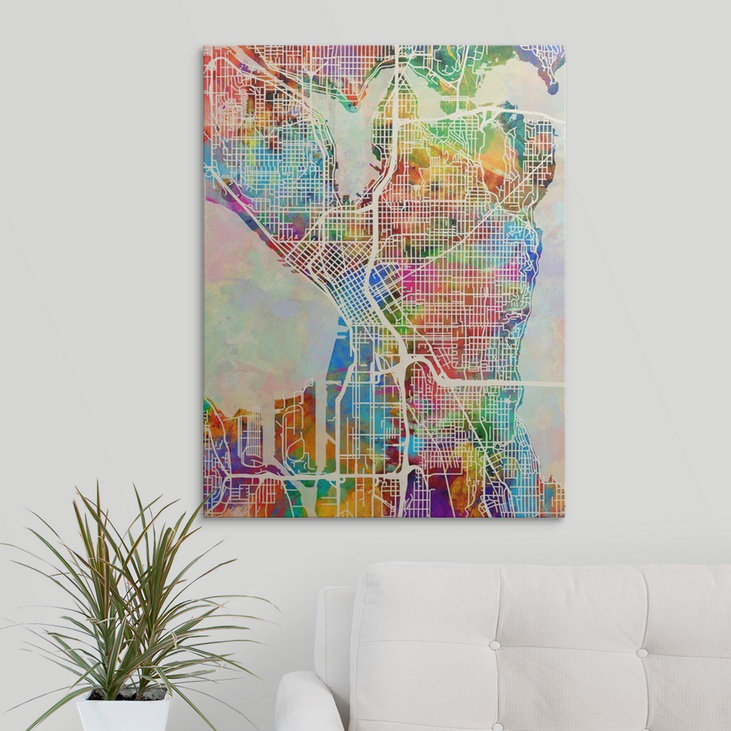 «Seattle Washington Street Map» par Francy, impression, H 36 po x l 27 po x P 1,5 po, Toile