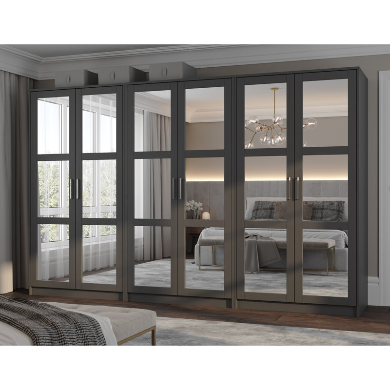 Très grand système d'armoire garde-robe à miroir en porte-à-faux avec portes suspendues et 3 tablettes réglables pour le rangement et l'organisation de la chambre à coucher