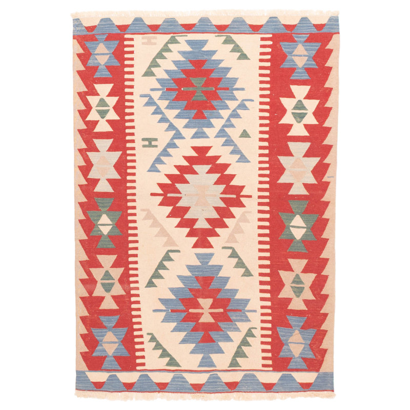Kilim ivoire audacieux et coloré 3 pi 10 po x 5 pi 10 po