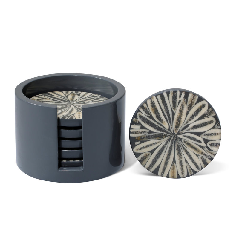 Coaster Set With Holder, Gray/Cream