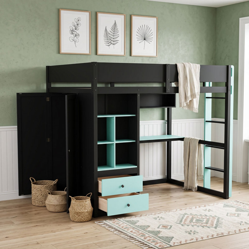 Lit mezzanine en bois avec bureau, armoire, rangement, port USB et éclairage DEL, Lit double, Noir-bleu