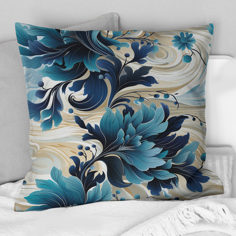 Coussin maritime à motif floral, H 16 po x l 16 po