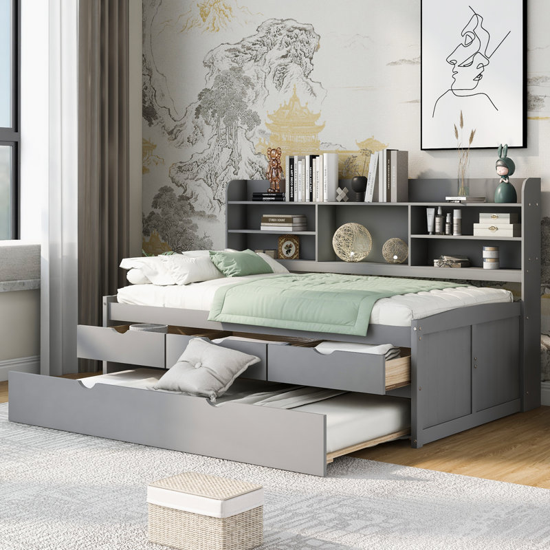 Storage Bed With Trundle, Twin, Light Gray