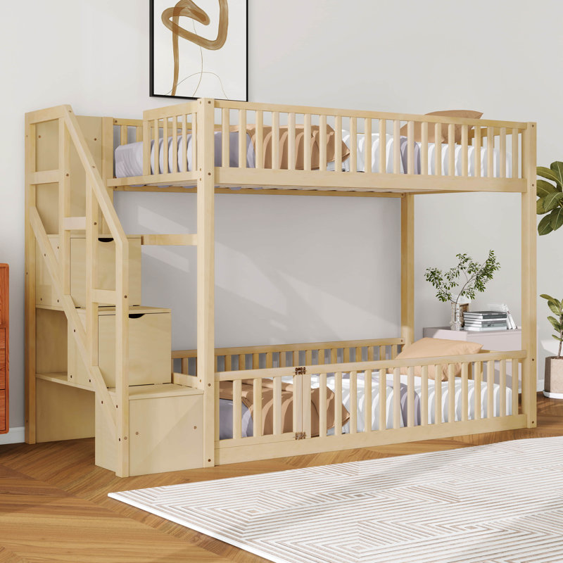Twin Over Twin Bunk Bed With Door Fence And Storage Staircase, Wood Floor Bunk Bed Frame With Safety Guardrails, Natural