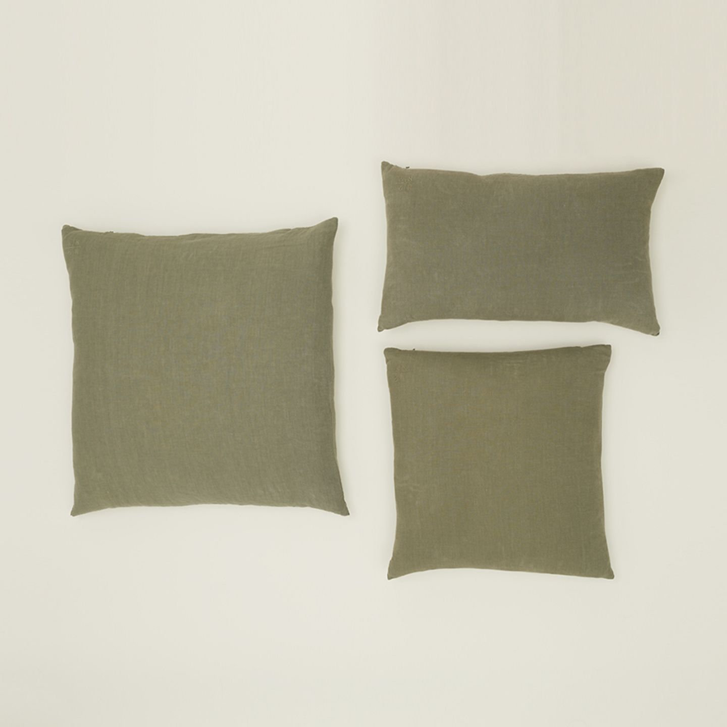 Simple Embroidered Linen Throw Pillow, Olive, Square 22"
