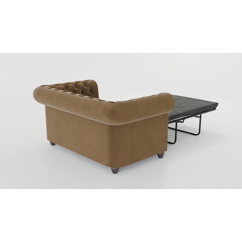 Chesterfield Hanna 2 Seater Sofa with Sleeping Function Made of Velvet Fabric with Solid Wood Legs, Beige