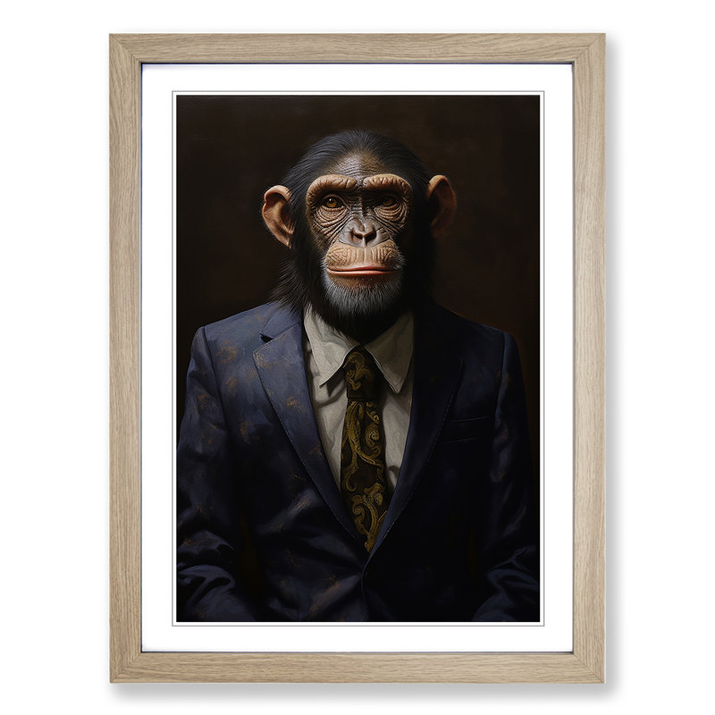 Monkey In A Suit Painting No.2 - Single Picture Frame Print on Wood, Oak Framed, 64cm H x 46cm W x 2cm D