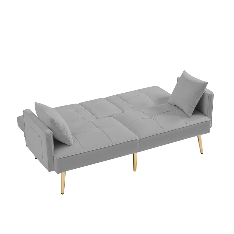 Pink Velvet Futon Sofa Bed With Gold Metal Legs, Gray