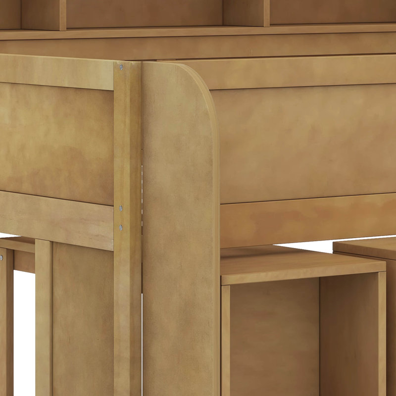 Full Size Loft Bed With Multiple Shelves And Desk, Wooden Loft Bed With LED And Storage Headboard, Walnut