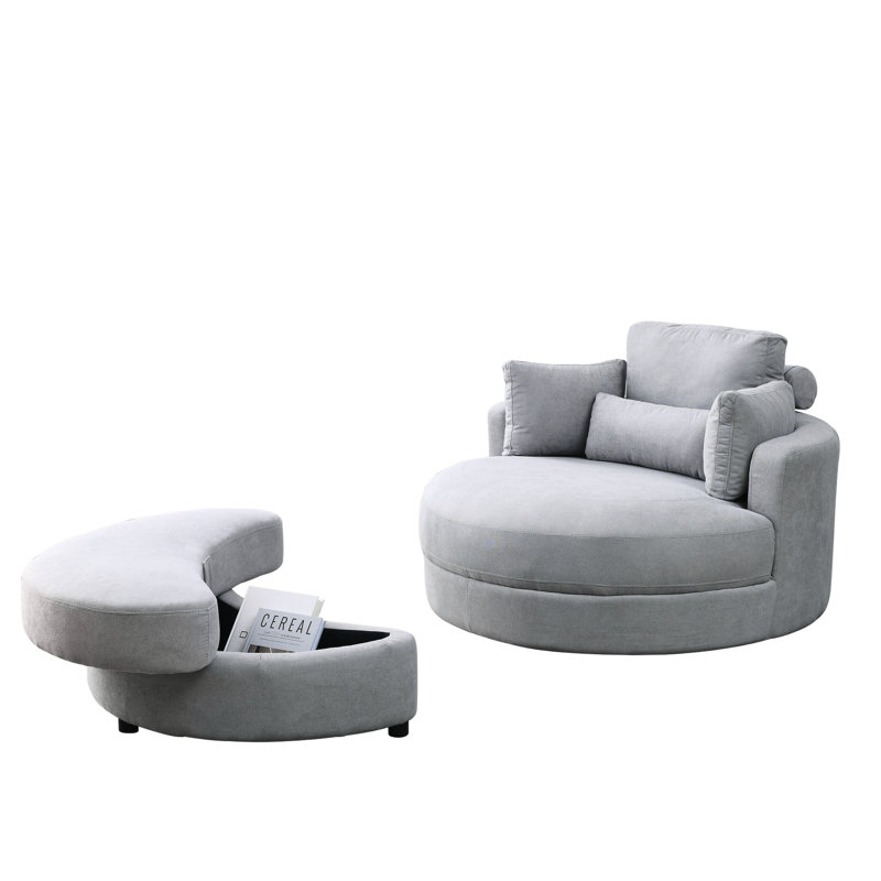 Fauteuil pivotant gris avec rangement - Revêtement en lin, salon confortable, espace hôtel recouvert de tissu, Gris clair