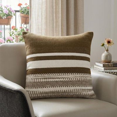 Coussin 18 "à rayures en coton brun et blanc