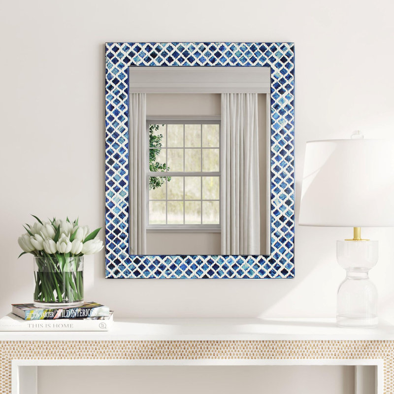Blue Diamond Pattern Bone Inlay Mirror, Rectangle