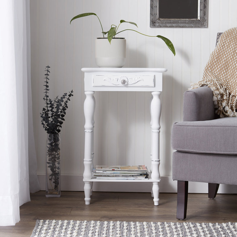 Table d'appoint sculptée blanche | Table de bout ronde en bois vieilli, Blanc