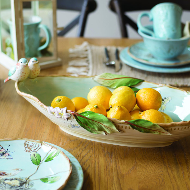 Pastel Blue Ceramic Elliptical Decorative Bowl with Birds and Butterflies