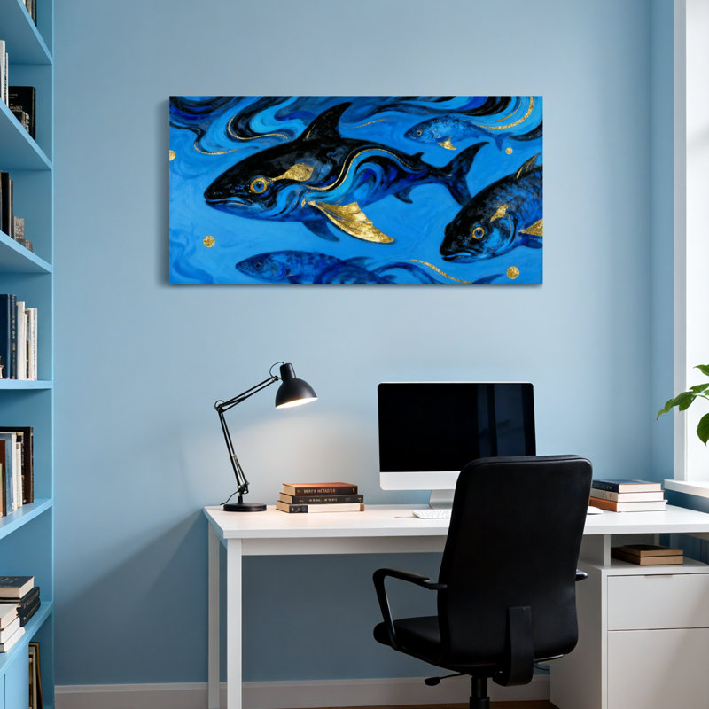 Nautique et plage - poisson bleu avec des accents dorés - eau tourbillonnante, H 24 po x l 48 po