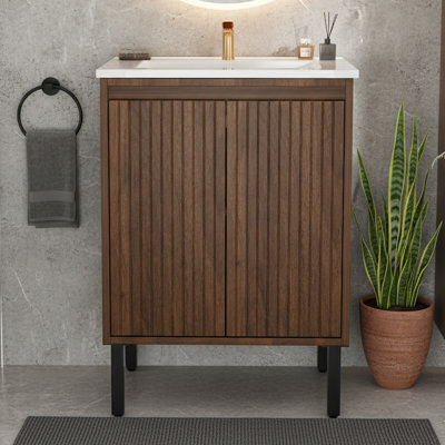 24'' Modern Bathroom Vanity - White Ceramic Sink - Soft-Close Door - Sleek Oak Finish