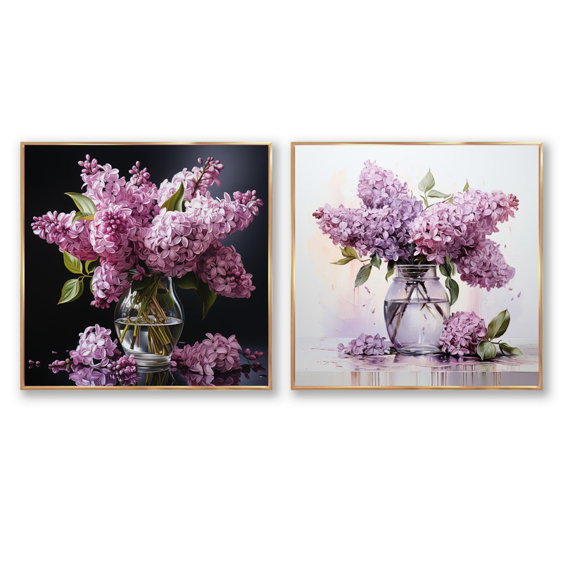 Élégant vase à bouquet de lilas - ensemble de 2 collages carrés lilas, Cadre flottant doré, H 16 po x l 33 po