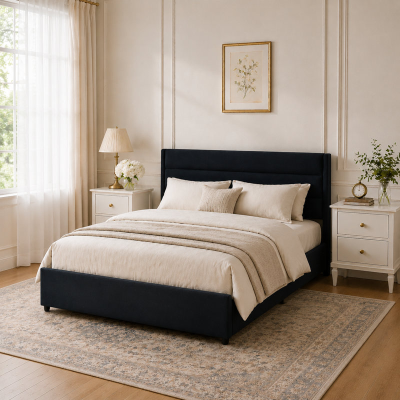 Brezzy Upholstered Storage Bed with Wingback, Full, Black Linen