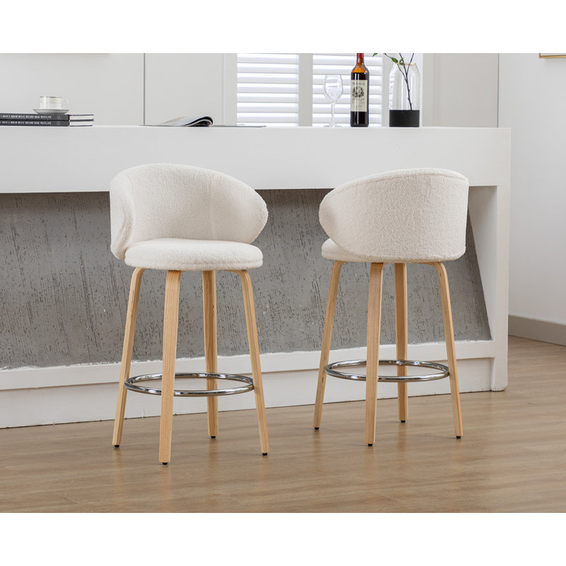 Kicha Upholstered Counter Stool with Solid Wood Frame, Beige Fabric/Natural Frame