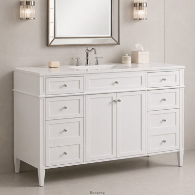48" Freestanding Bathroom Vanity with Sink Top, MDF Cabinet with 6 Drawers & 2 Doors, Composite Basin, Soft‑Close Hinges, Silver Metal Handles, White