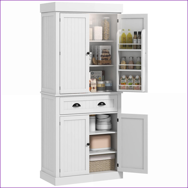 Pantry Cabinet 71" Tall White with Motion Sensor LED Light, Adjustable Shelves &amp; Drawer | Painted MDF | Anti-Tip Kit