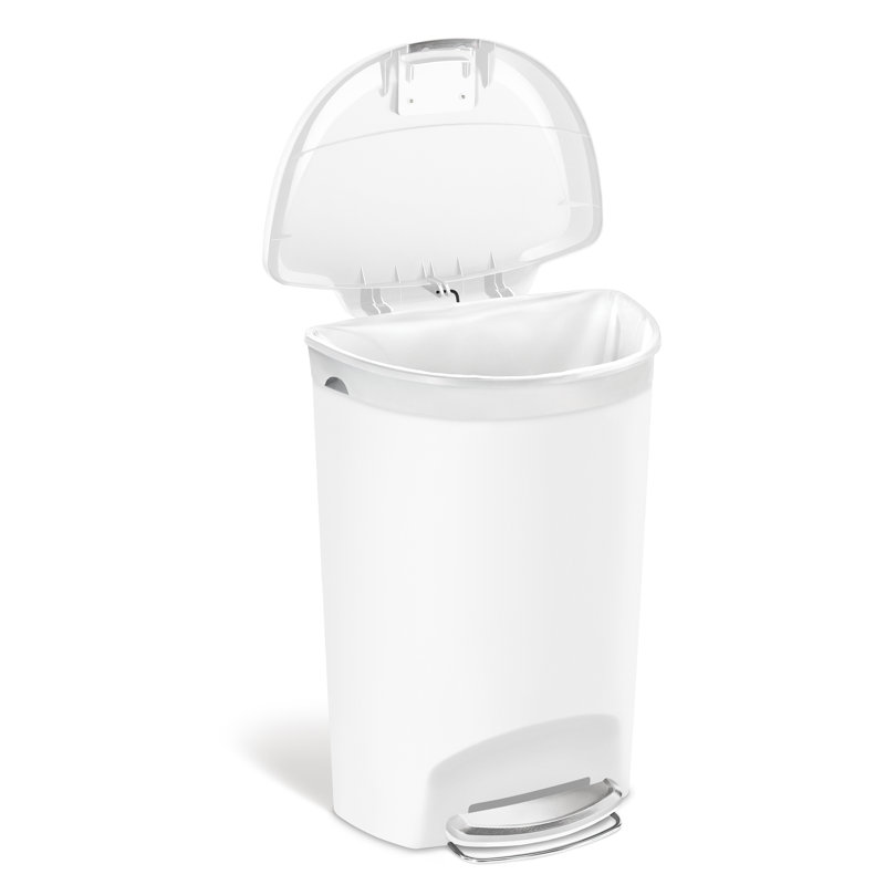White Plastic Semi-Round Step Trash Can with Steel Pedal