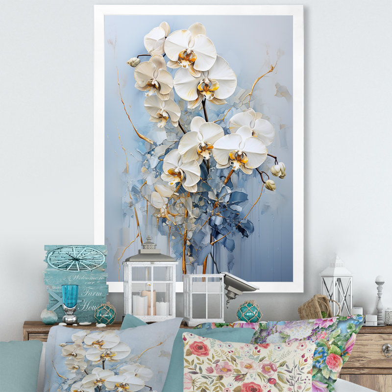 Orchidées beiges et dorées simplicité V, Cadre simple blanc, H 32 po x l 24 po x P 1 po